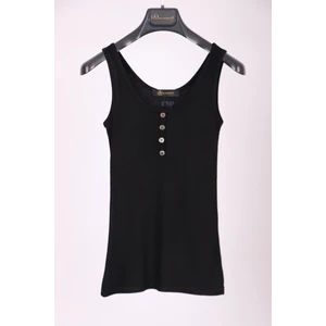 Siyah Kalın Askılı Düğme Detaylı Pamuk Slim Fit  Atlet  T-Shirt