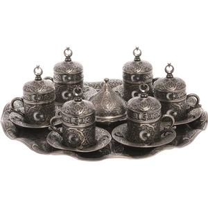 Bazaar 4 Osmanlı Ay Yıldız Motifli Türk Kahvesi Seti 6 Kişilik - Kalaylı Beyaz