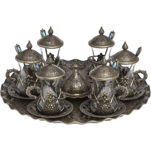 Bazaar 4 Osmanlı Motifli Kaşıklı Çay Sunum Seti - Antik Sarı
