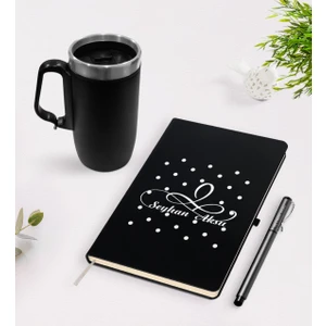 Kişiye Özel Isimli Siyah Defter Kalem Termos Mug Seti - 4