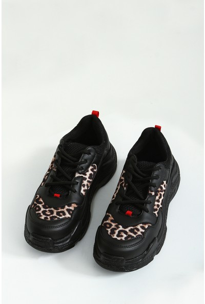 Siyah Leopar Desen Detaylı Bağcıklı Kalın Taban Kadın Sneaker