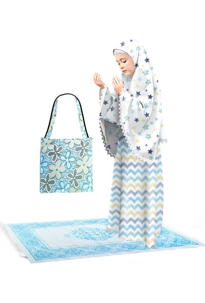 Oulabimir Kız Çocuk Namaz Elbisesi 4 Parçalı Seccadeli ve Çantalı Dantel Detaylı Eteği Zigzag Desenli