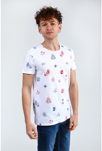 Collezione Beyaz Bisiklet Yaka Denizci Baskılı Kısa Kollu Erkek T-Shirt