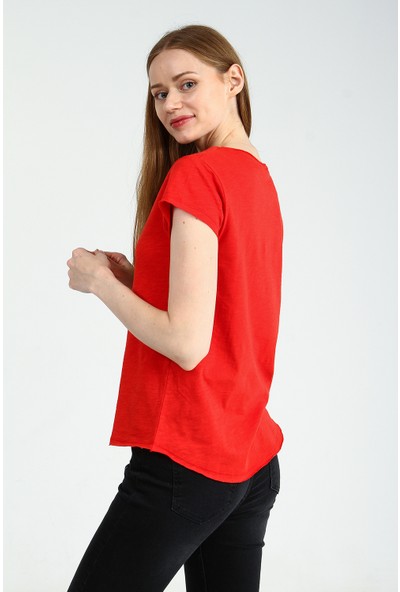 Collezione Kırmızı V Yakalı Kısa Kollu Kadın Basic T-Shirt