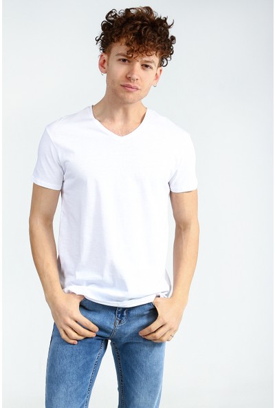 Collezione Beyaz Erkek Basic V Yaka T-Shirt Kısa Kol