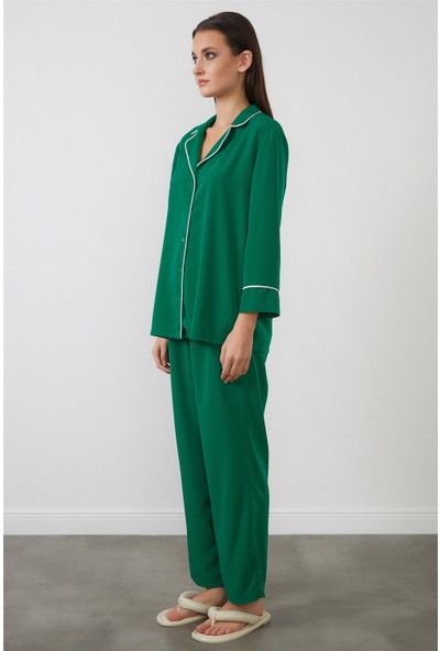 BLUECAT Yeşil Uzun Kollu Düğmeli Kadın Pijama Takımı PT5517