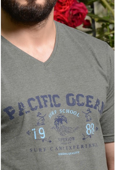 Azıcık Akıllı Erkek Füme Slim Fit Pacific Ocean Yazılı Kısa Kollu V Yaka Tişört 21ETSHPSCF
