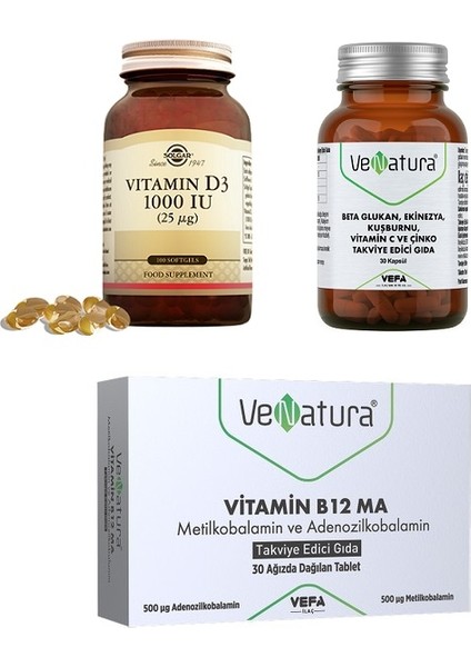 Vitamin D3 1000 Iu 100 Kapsül + Venatura Beta Glukan 30 Kapsül + B12 Metilkobalamin Odt 30 Tablet