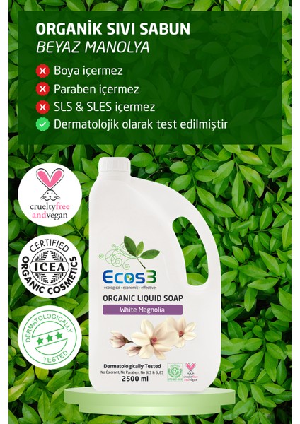 Avantajlı Sıvı Sabun Seti, Organik & Vegan Sertifikalı, Beyaz Manolya, Aloe Vera, 2 x 2500ml