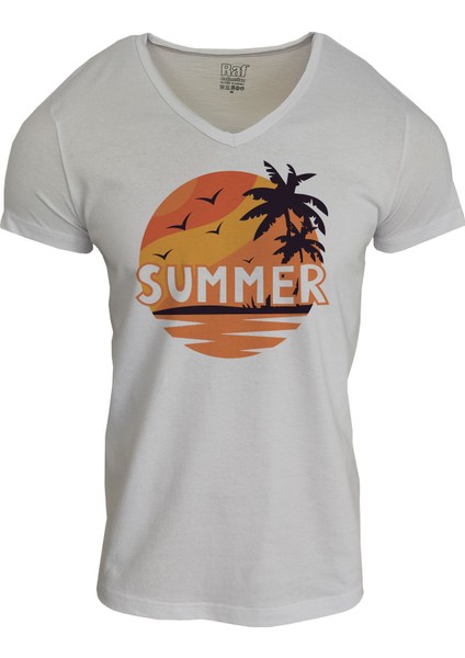 Beyaz V Yaka Unisex Slim Fit Ön Dijital Baskılı T-Shirt