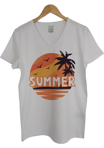 Beyaz V Yaka Unisex Slim Fit Ön Dijital Baskılı T-Shirt fiyatları
