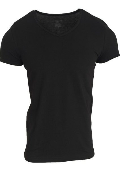 Basic Siyah V Yaka Unisex Slim Fit T-Shirt