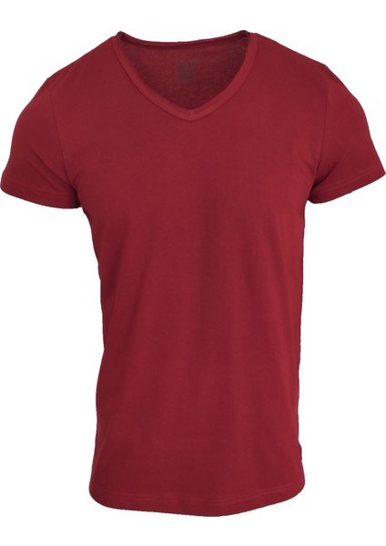 Basic Bordo V Yaka Unisex Slim Fit T-Shirt