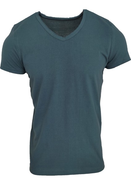 Basic Petrol Mavi V Yaka Unisex Slim Fit T-Shirt