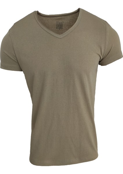 Basic Açık Haki V Yaka Unisex Slim Fit T-Shirt