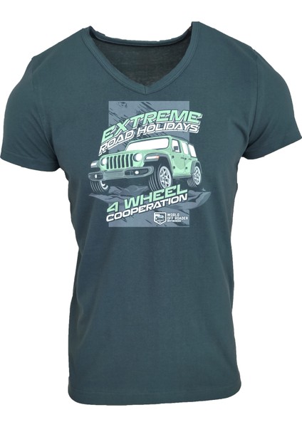 Petrol Mavi V Yaka Unisex Slim Fit Dijital Baskılı T-Shirt