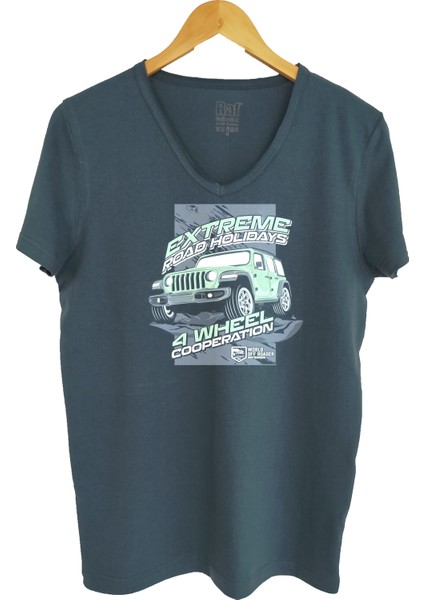 Petrol Mavi V Yaka Unisex Slim Fit Dijital Baskılı T-Shirt fiyatları