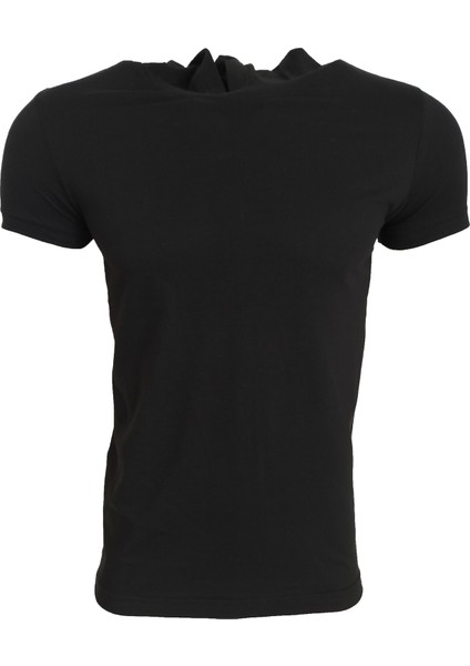 Basic Siyah Unisex Kısa Kollu Kapüşonlu Slim Fit T-Shirt