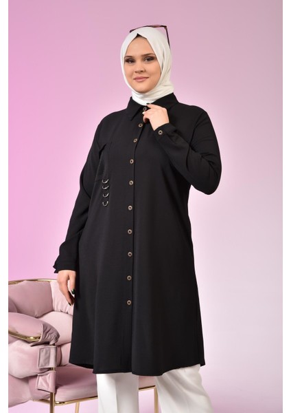 Büyük Beden Tesettür Tunik Aerobin Kumaş Gömlek Yaka Düz Desen Kadın Modası