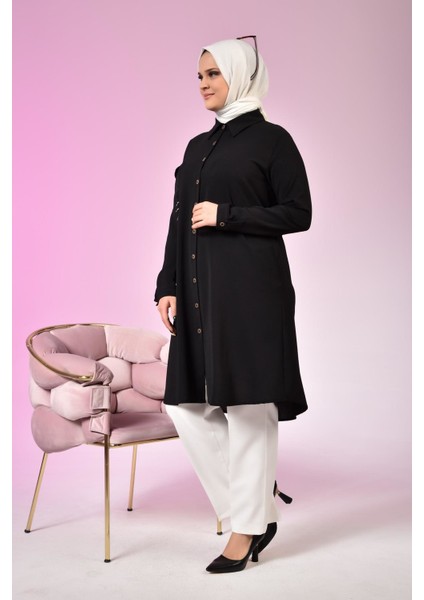 Büyük Beden Tesettür Tunik Aerobin Kumaş Gömlek Yaka Düz Desen Kadın Modası modelleri