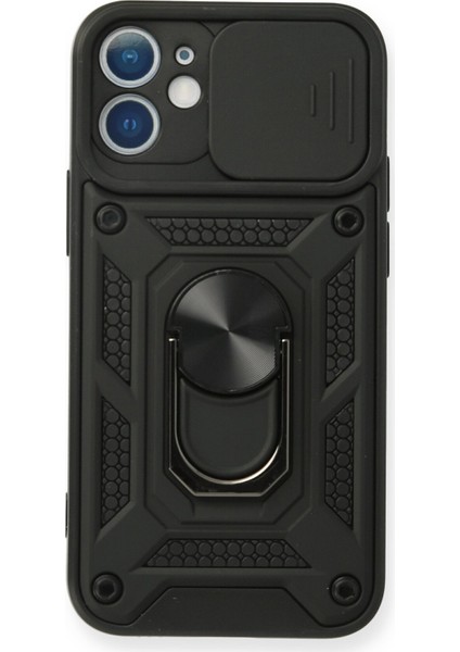 iPhone 11 Kılıf Lens Sürgülü Yüzüklü Tank Silikon Pars - Siyah