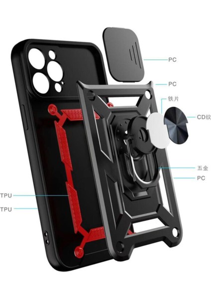 iPhone 11 Kılıf Lens Sürgülü Yüzüklü Tank Silikon Pars - Siyah fırsatları