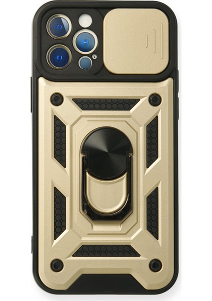 iPhone 12 Pro Kılıf Lens Sürgülü Yüzüklü Tank Silikon Pars - Gold
