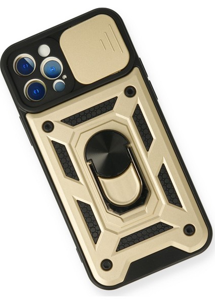iPhone 12 Pro Kılıf Lens Sürgülü Yüzüklü Tank Silikon Pars - Gold modelleri