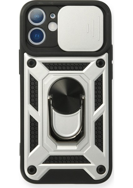 iPhone 12 Mini Kılıf Lens Sürgülü Yüzüklü Tank Silikon Pars - Gümüş