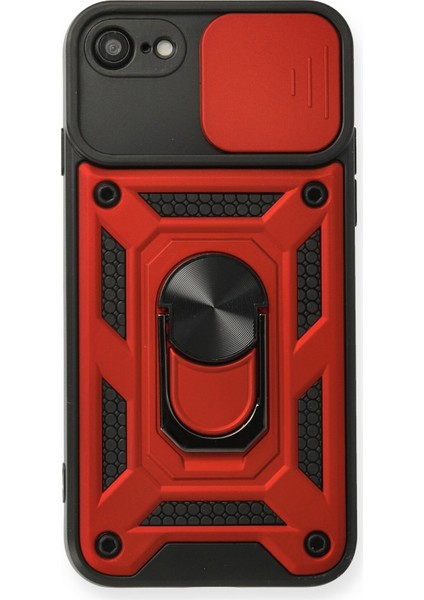 iPhone Se 2020 Kılıf Lens Sürgülü Yüzüklü Tank Silikon Pars - Kırmızı