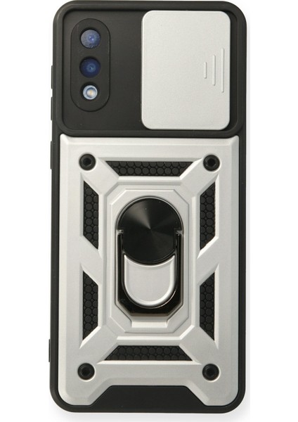 Samsung Galaxy A02 Kılıf Lens Sürgülü Yüzüklü Tank Silikon Pars - Gümüş