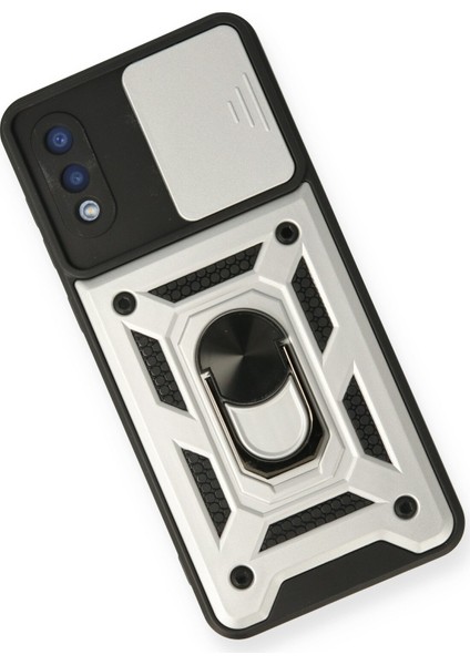 Samsung Galaxy A02 Kılıf Lens Sürgülü Yüzüklü Tank Silikon Pars - Gümüş fiyatları