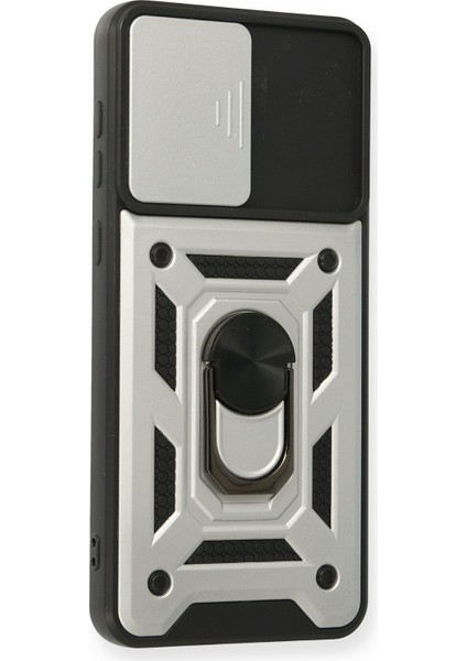 Samsung Galaxy A02 Kılıf Lens Sürgülü Yüzüklü Tank Silikon Pars - Gümüş modelleri