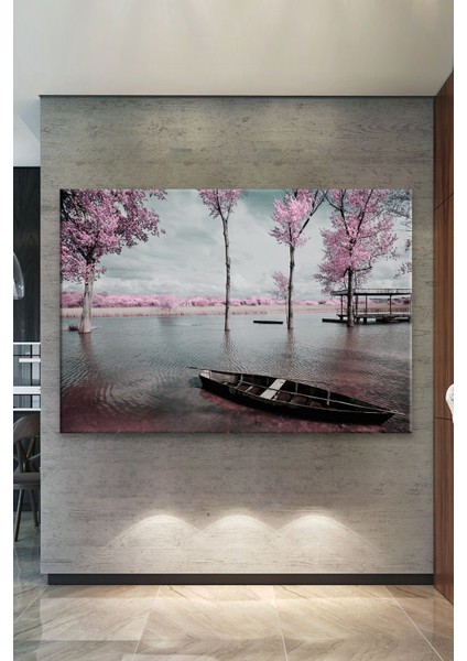 Göl Manzarası Sazlıklar ve Sandal Temalı Dekoratif Kanvas Tablo 60 x 90 cm fiyatları