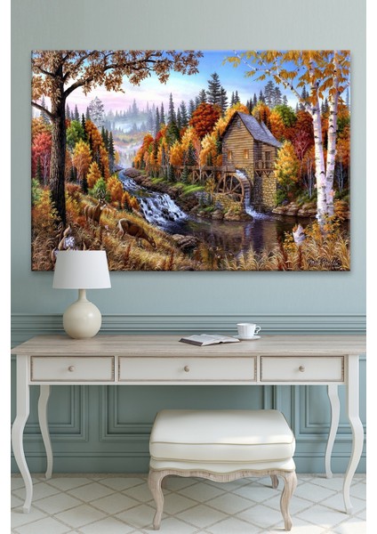 Değirmen Orman Akarsu ve Manzara Dekoratif Kanvas Tablo 60 x 90 cm