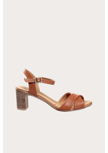 Taba Deri Kadın Topuklu Sandalet