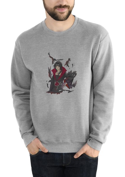 Itachı Uchıha Baskılı Gri Erkek Örme Sweatshirt Uzun Kol