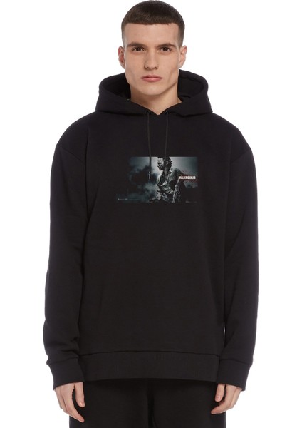 The Walking Dead Collection Baskılı Siyah Erkek Örme Kapşonlu Sweatshirt Uzun Kol