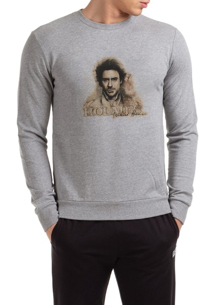 Sherlock Holmes Oldpaper Baskılı Gri Erkek Örme Sweatshirt Uzun Kol