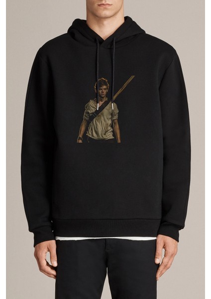 The Maze Runner Newt Baskılı Siyah Erkek Örme Kapşonlu Sweatshirt Uzun Kol