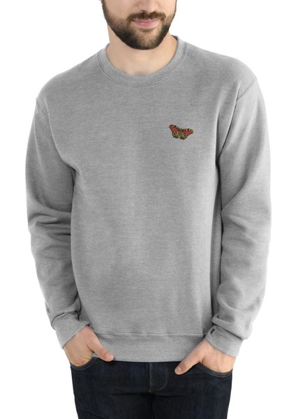 Butterfly Image Baskılı Gri Erkek Örme Sweatshirt Uzun Kol