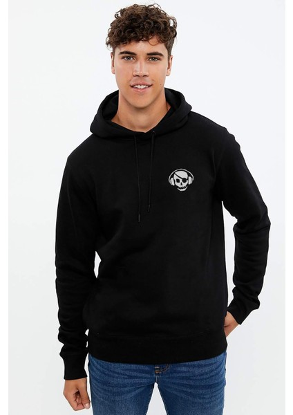 Cool Skull With Headphones Baskılı Siyah Erkek Örme Kapşonlu Sweatshirt Uzun Kol