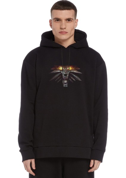 The Witcher Baskılı Siyah Erkek Örme Kapşonlu Sweatshirt Uzun Kol