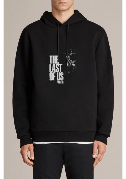 The Last Of Us Part 2 Baskılı Siyah Erkek Örme Kapşonlu Sweatshirt Uzun Kol