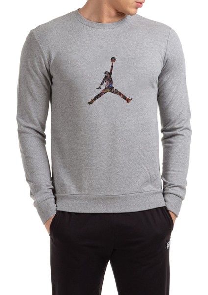 Basketball Baskılı Gri Erkek Örme Sweatshirt Uzun Kol