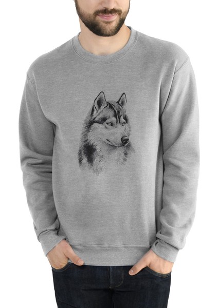 Wolf Kurt Sibirya Köpek Karakalem Çizim Baskılı Gri Erkek Örme Sweatshirt Uzun Kol