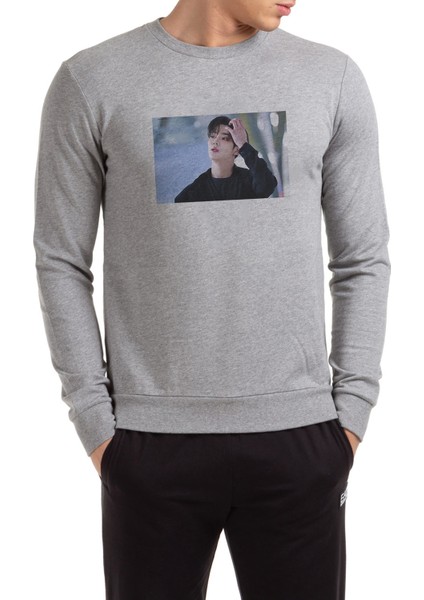 K Pop Sf9 Rowoon Baskılı Gri Erkek Örme Sweatshirt Uzun Kol
