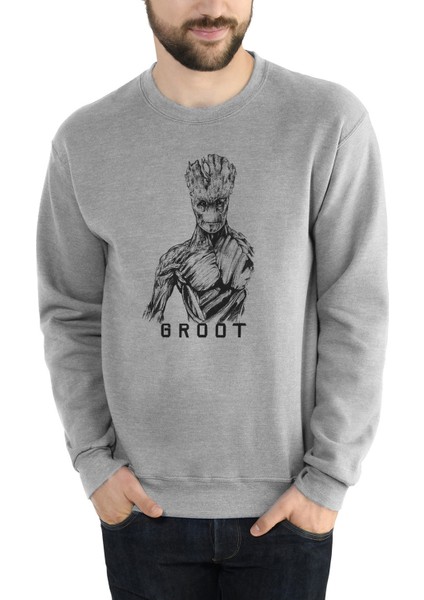 Big I Am Groot Baskılı Gri Erkek Örme Sweatshirt Uzun Kol