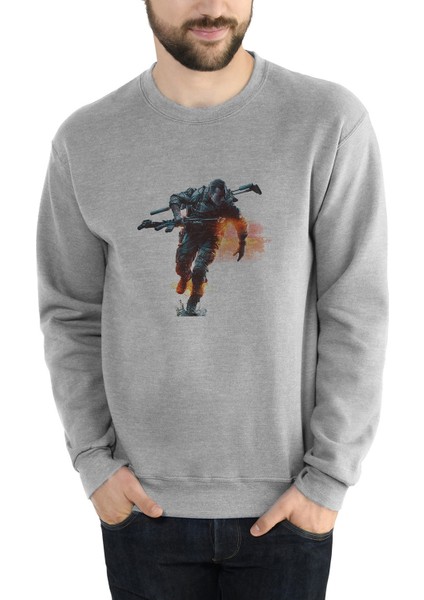 Battlefield PLAY4FREE Baskılı Gri Erkek Örme Sweatshirt Uzun Kol