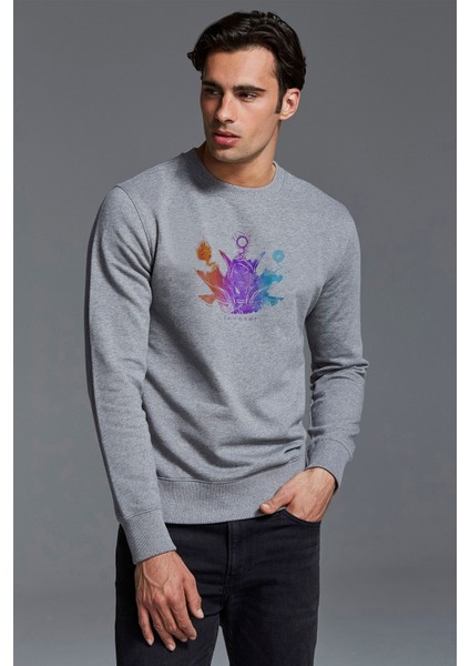 Invoker Valve Baskılı Gri Erkek Örme Sweatshirt Uzun Kol